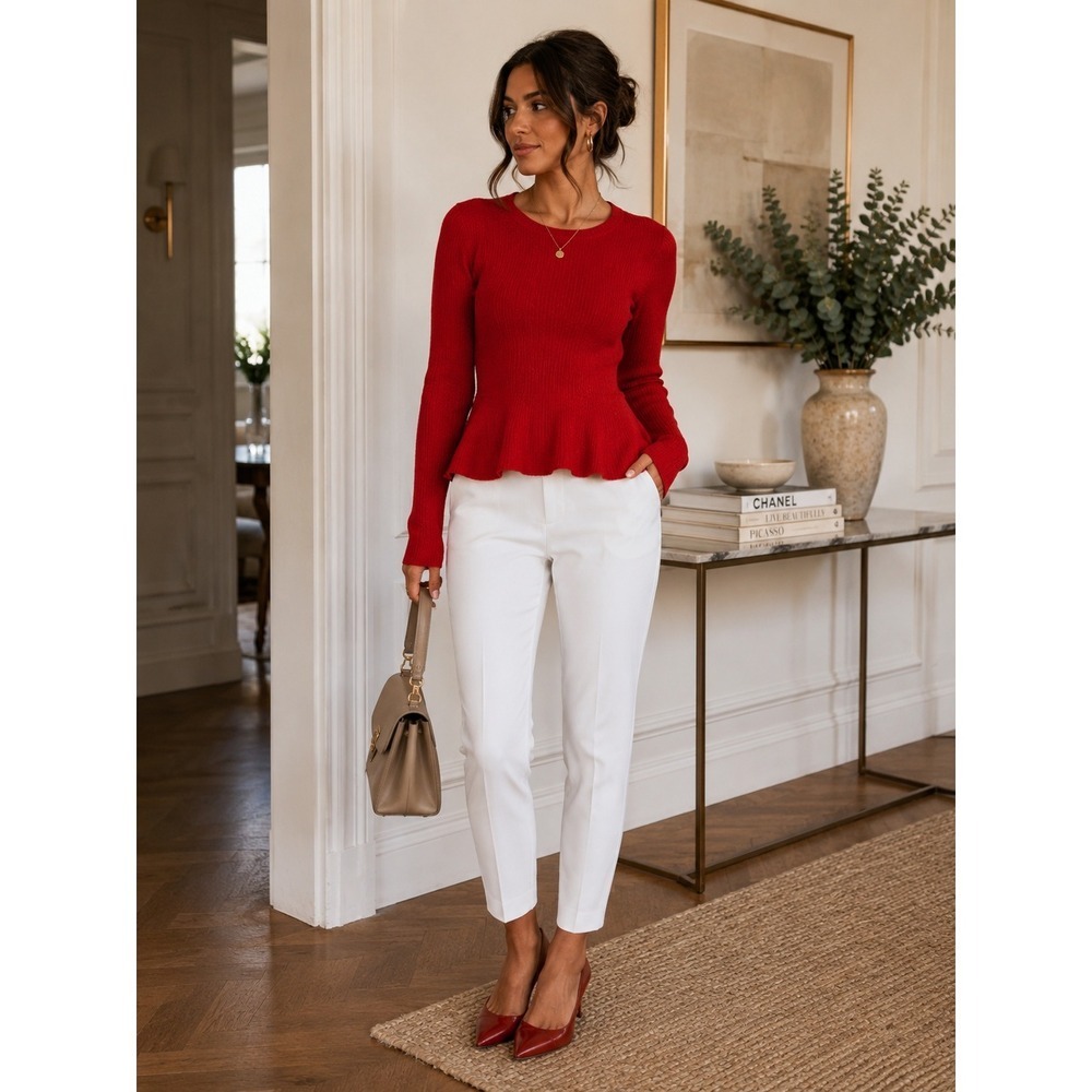 St. John Red Wool Blend Knit Peplum Sweater Top Size Petite